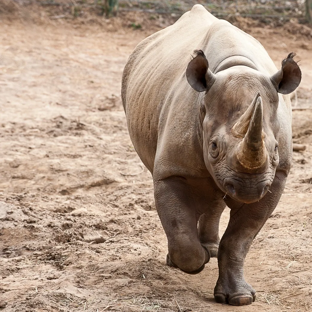 A black rhinoceros striding towards the camera. There is mud in the background as well as some grass.