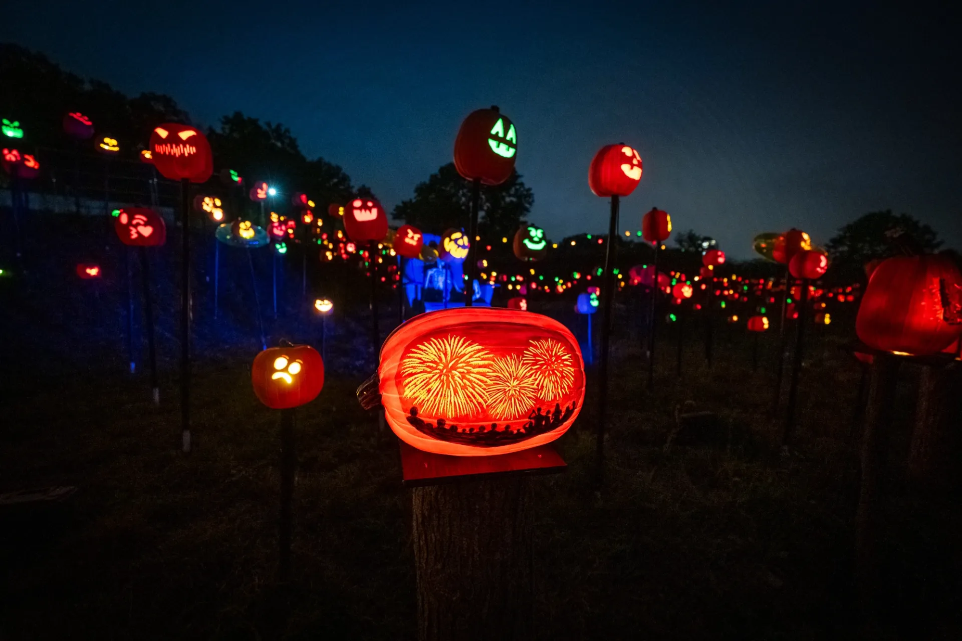 a jack o'lantern close-up of fireworks on a hillside of hundreds of jack o'lanterns, lit up in orange and green