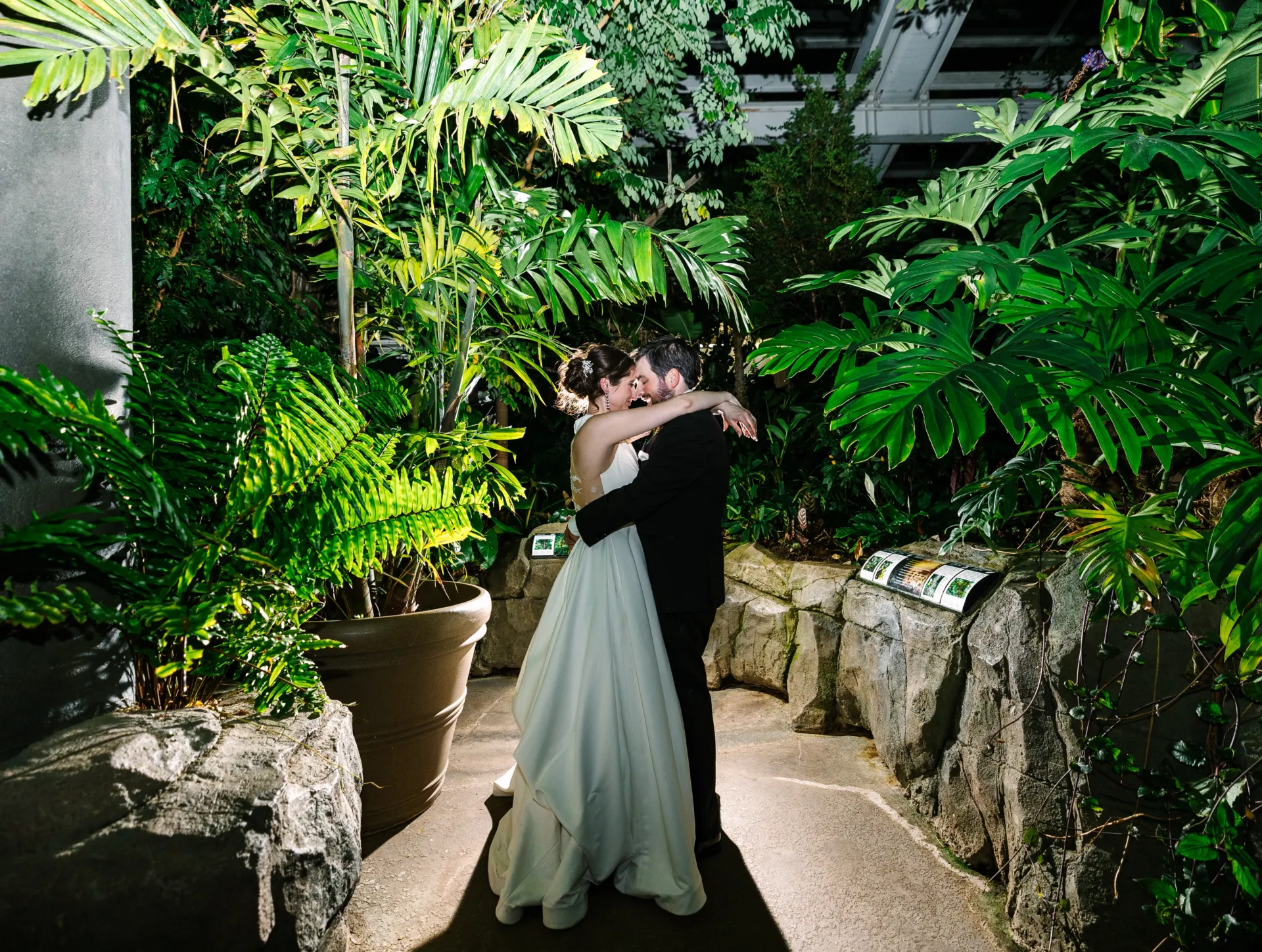 a bride and groom cuddling on the rainforest pathway in the aquarium. it is nighttime, so the image is dark, but there is a backlight on the couple so they look like they are glowing.